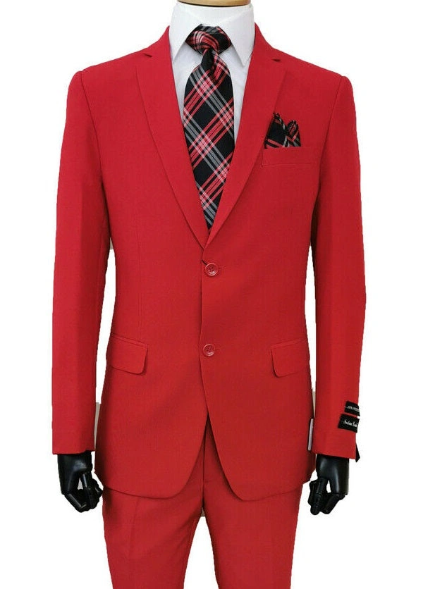 Klassiek rood herenpak met platte broek, stijlvol en klaar om indruk te maken! Perfect voor elke gelegenheid.